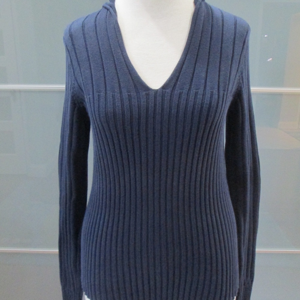 Ribbed Hooded Long Sleeve V-Neck Sweater